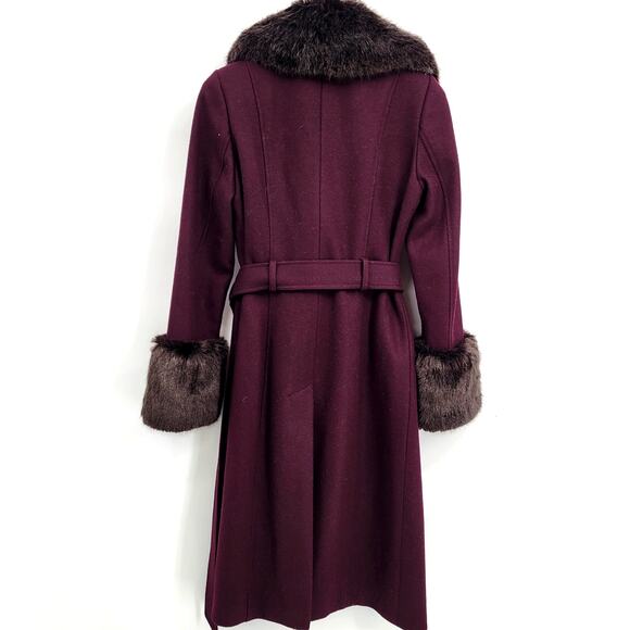 French Connection XS Fur Coat Collar Single Breasted Midi Maxi Purple Wine - Picture 6 of 7